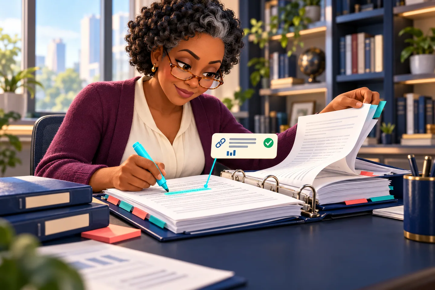 Professional verifies a fact in company documents for an AI knowledge-base answer