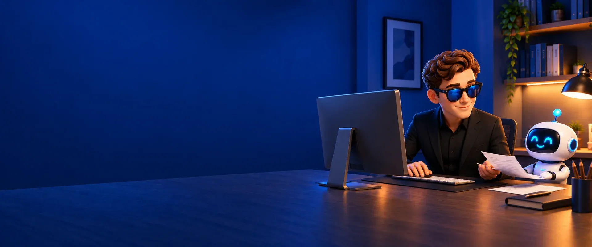 An AI specialist in blue glasses working with company documents and a friendly robot