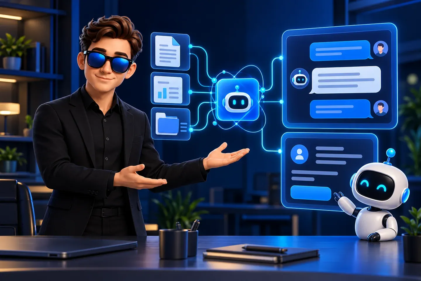 The RM Systems AI agent character works with company materials and a customer conversation