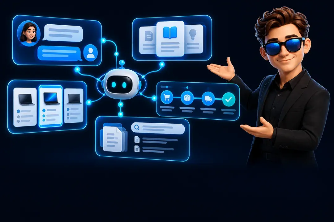 The RM Systems character presents consultations, support, product recommendations, order statuses and document search