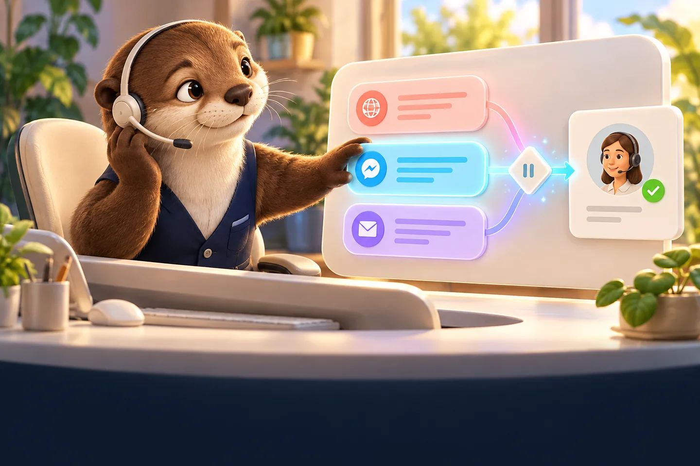 Otter wearing a headset routes messages from three channels to a human operator