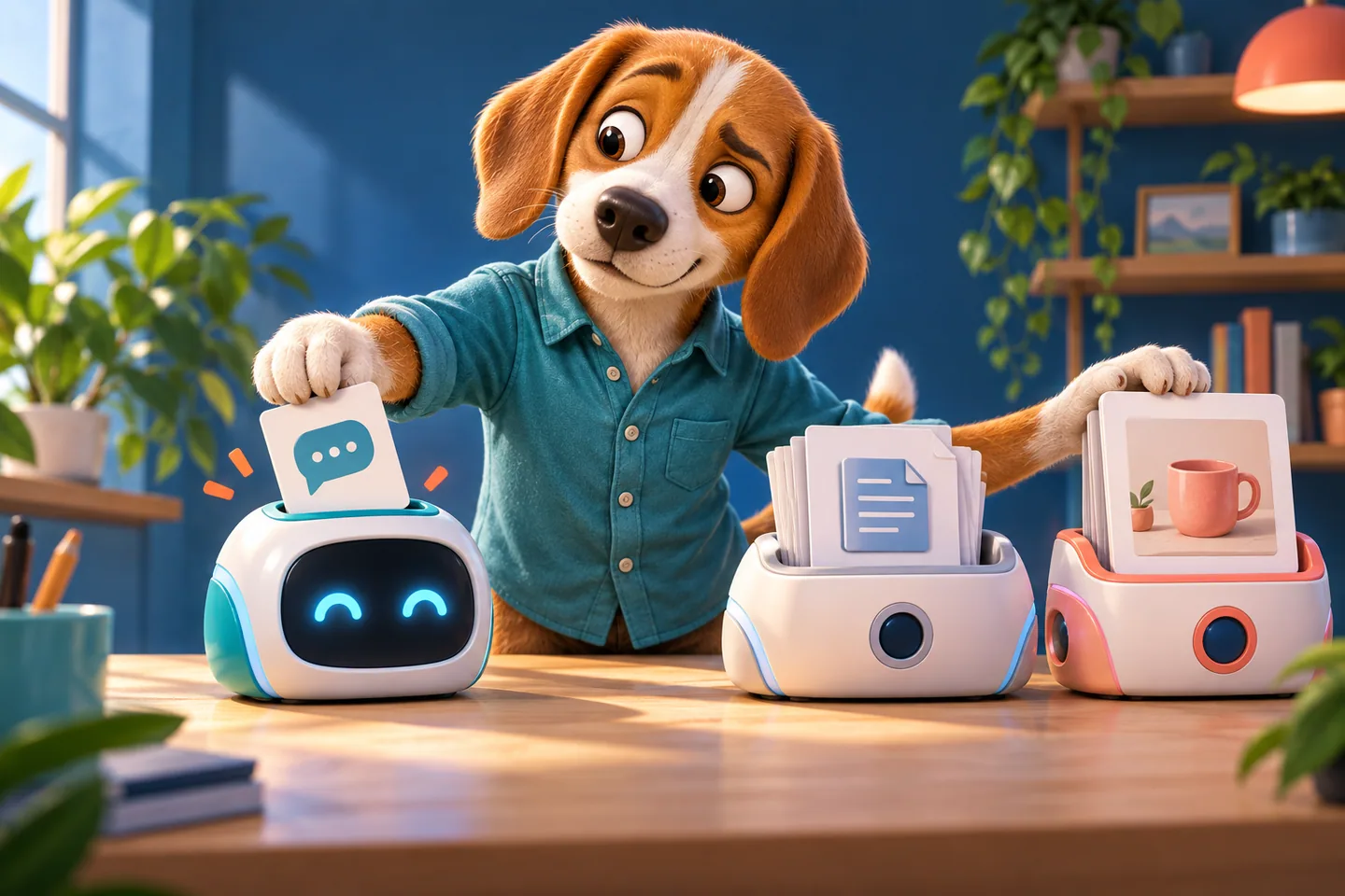 A cartoon dog chooses an AI assistant for answers, documents or images