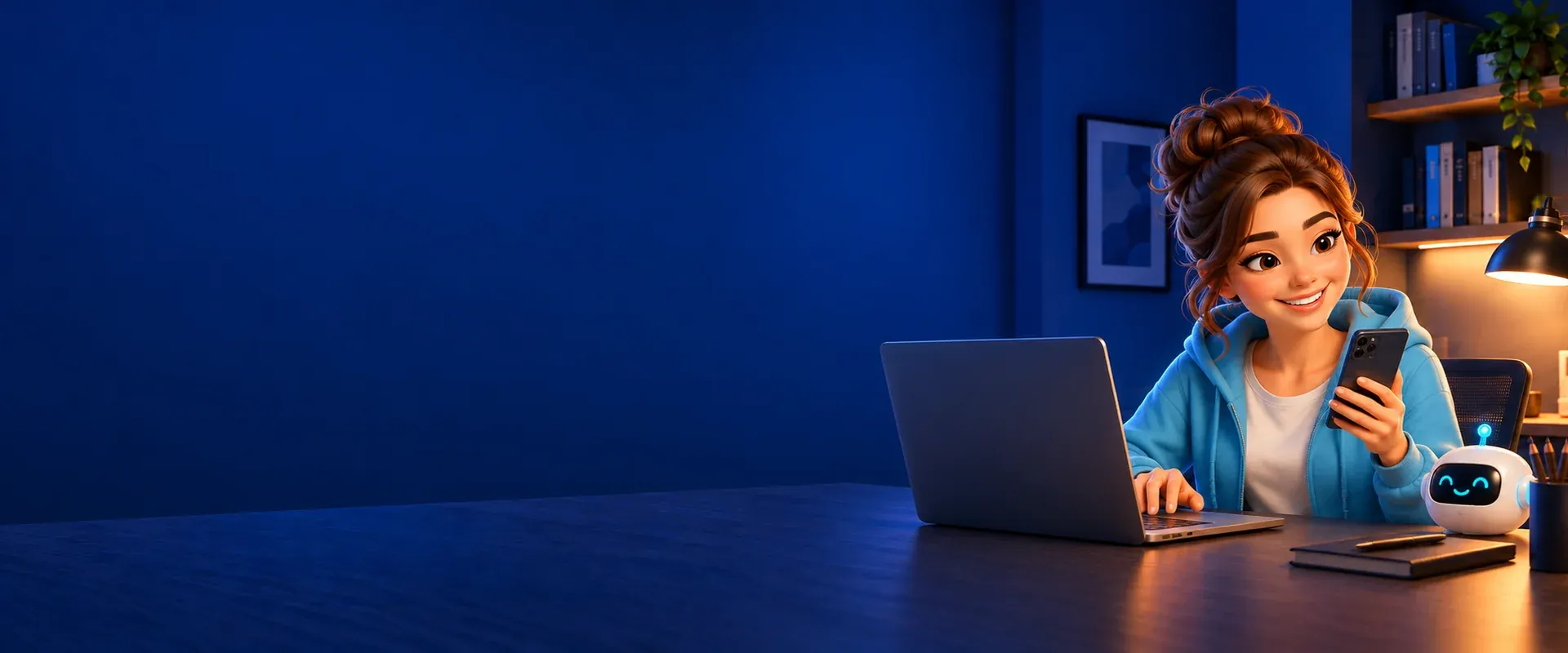 A bot specialist checking a conversation on a smartphone while working at a laptop