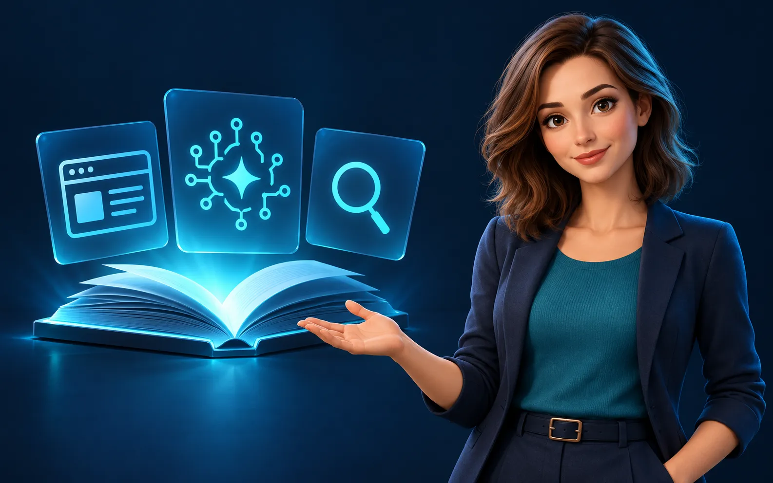 A woman inviting you to read, with an open book and symbols of websites, AI and search