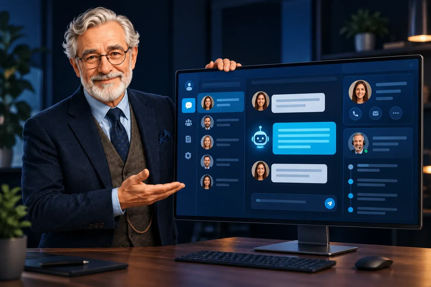 The RM Systems character connects an AI assistant to a customer conversation and CRM