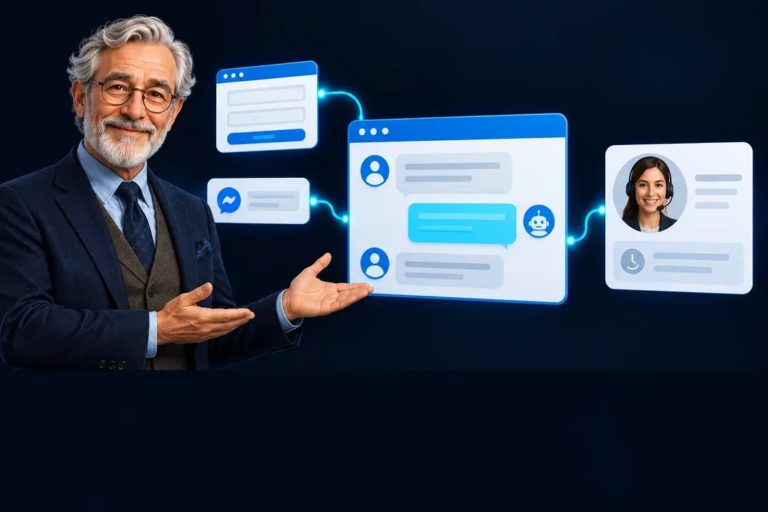 The RM Systems character presents AI replies, website enquiries and conversation handover to a CRM sales manager