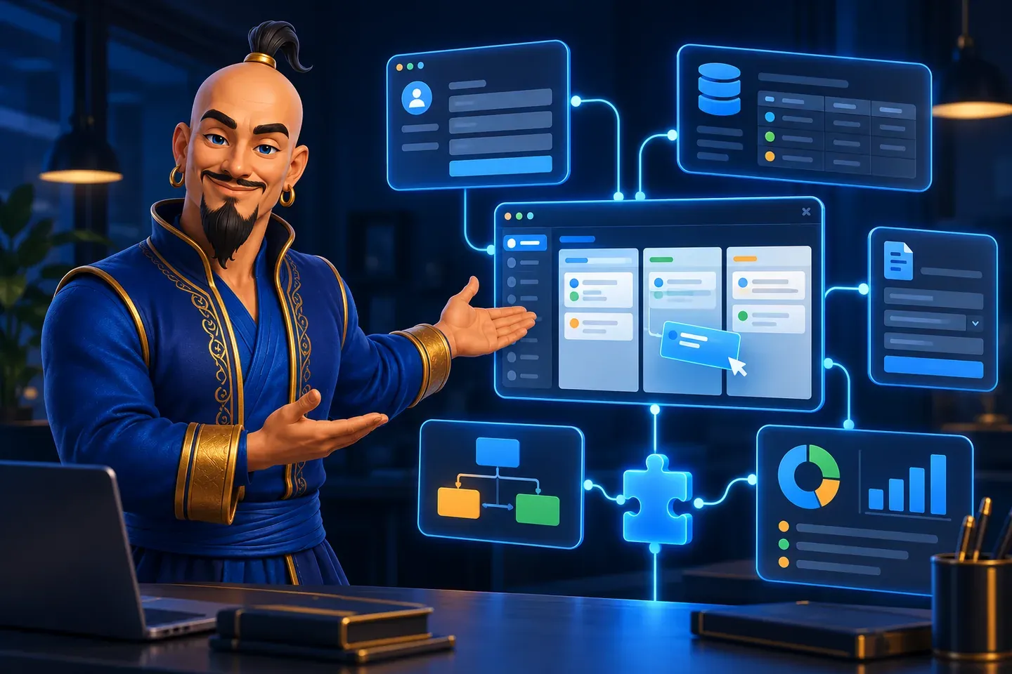 Персонаж услуги «Индивидуальные IT/AI-решения» RM Systems показывает рабочие модули и связи между системами