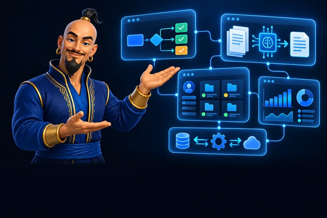 Персонаж RM Systems показывает согласование заявок, API, кабинет, AI-обработку документов и дашборд