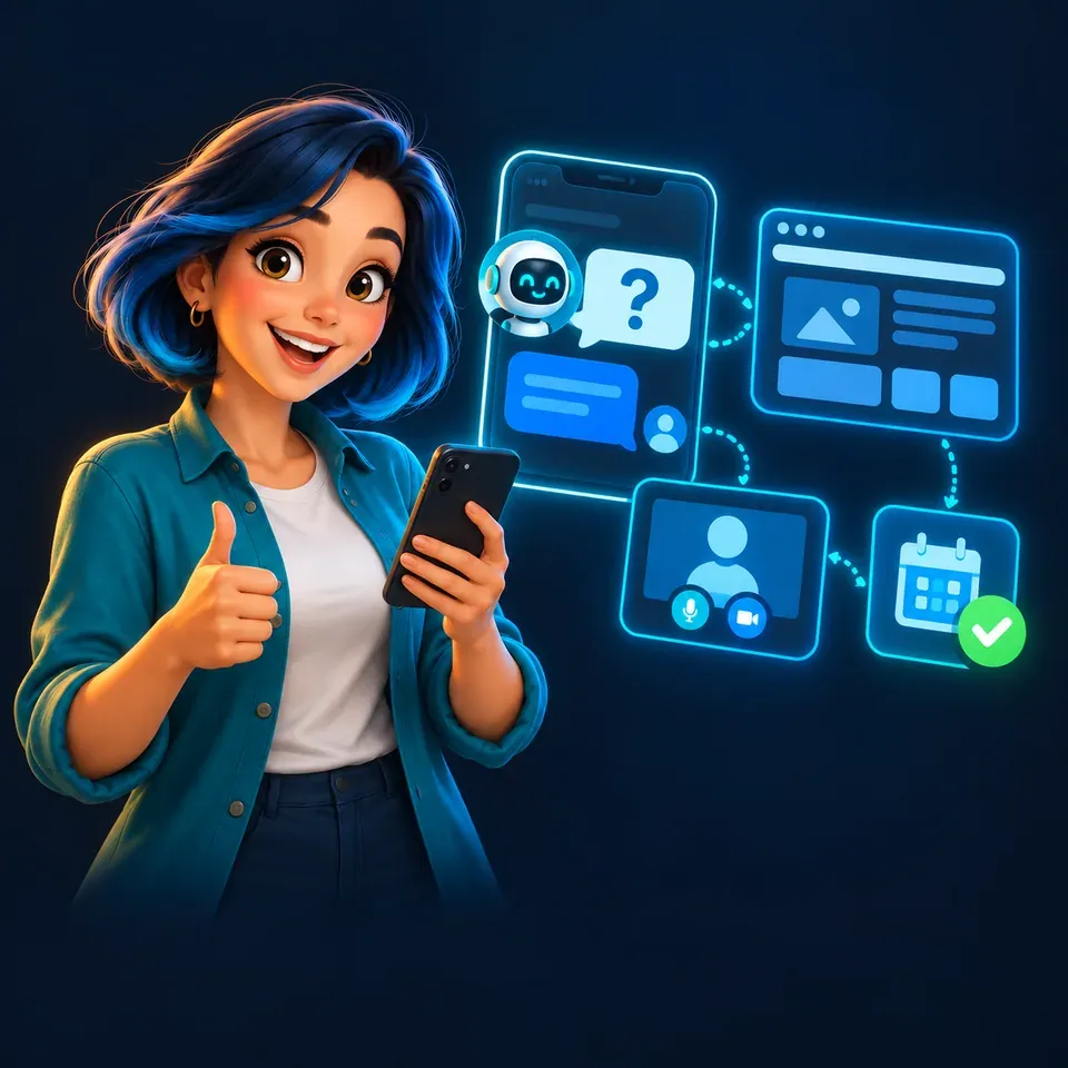 A blue-haired consultant with a diagram of answers about websites, AI and project communication