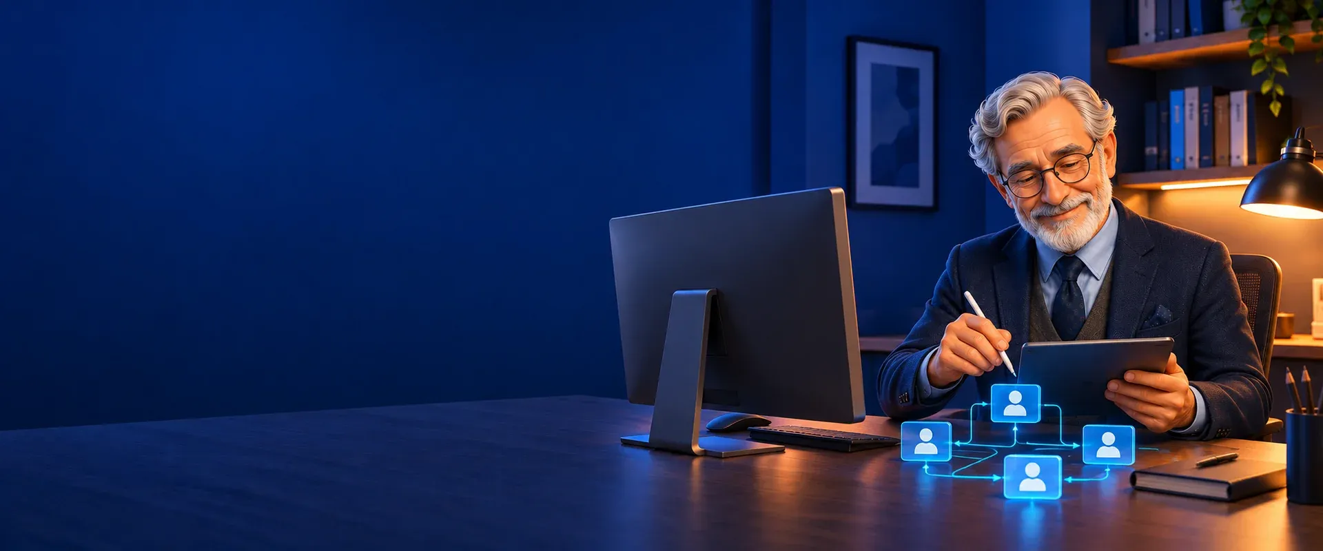 A CRM specialist configuring links between customer records on a tablet