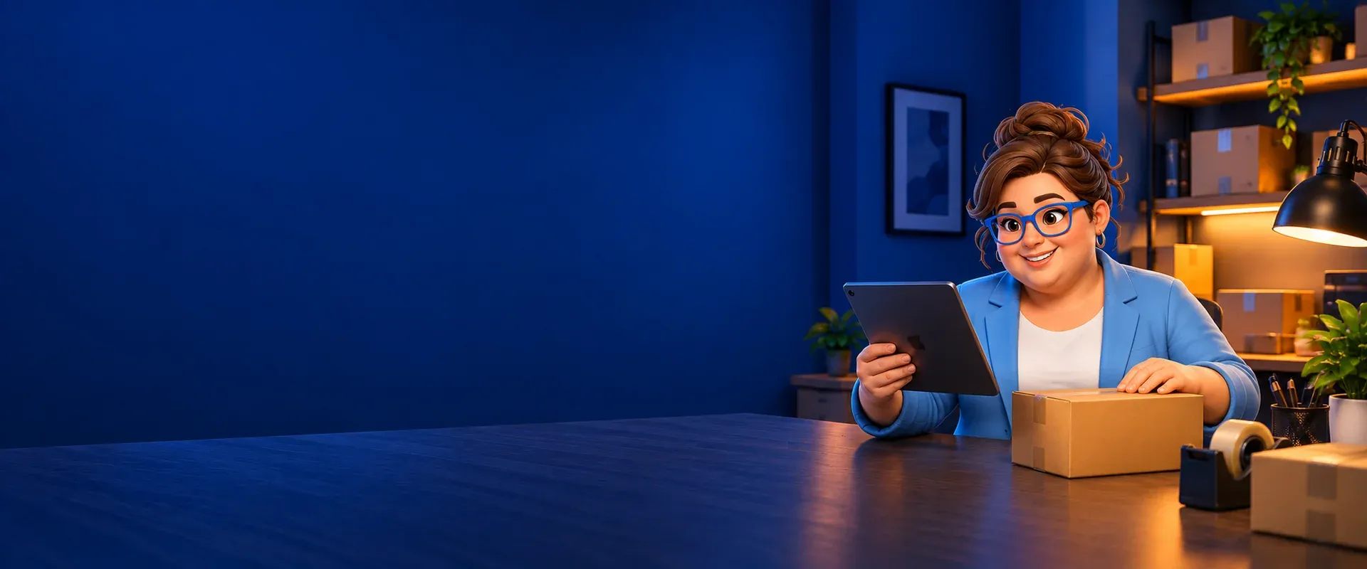 An online store owner checking an order on a tablet and preparing a parcel
