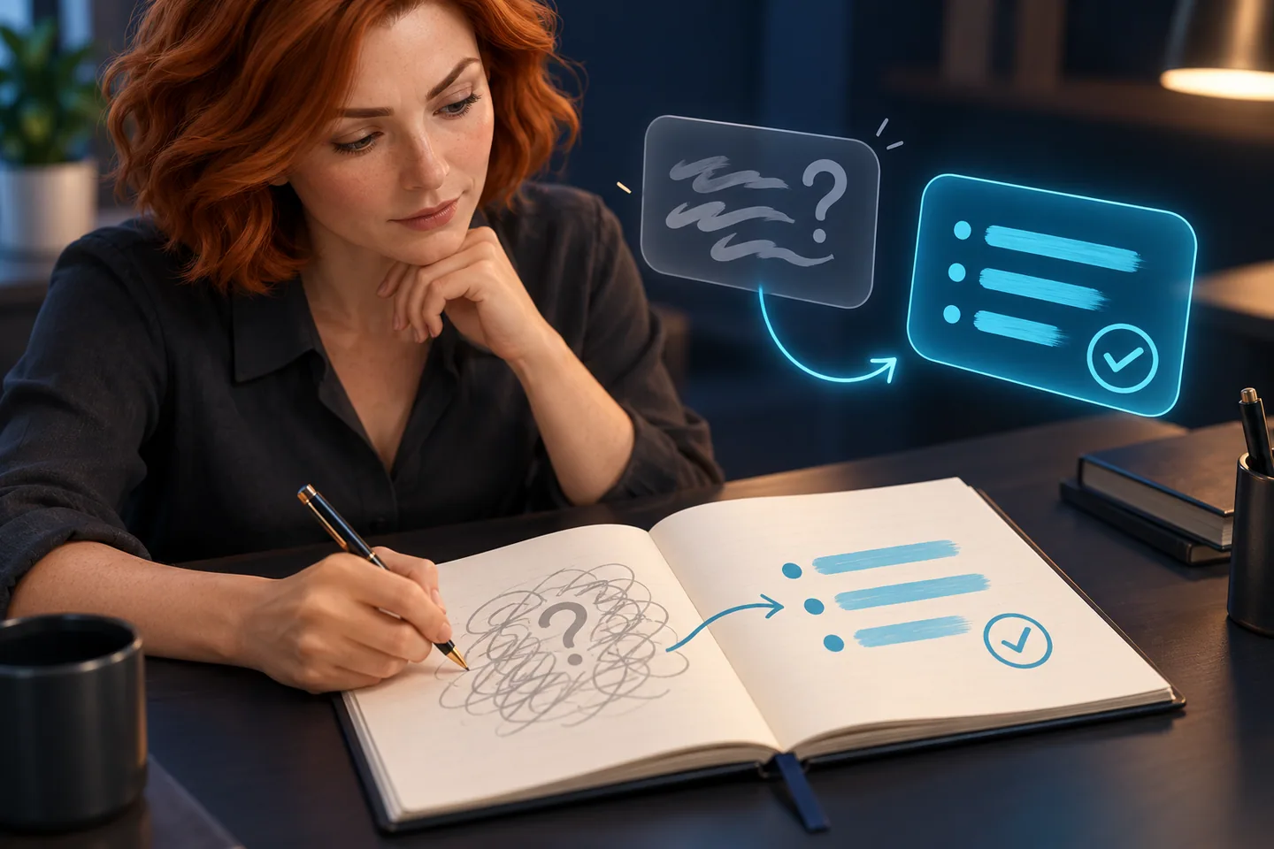 A writer clarifies a request in a notebook to get a useful AI response