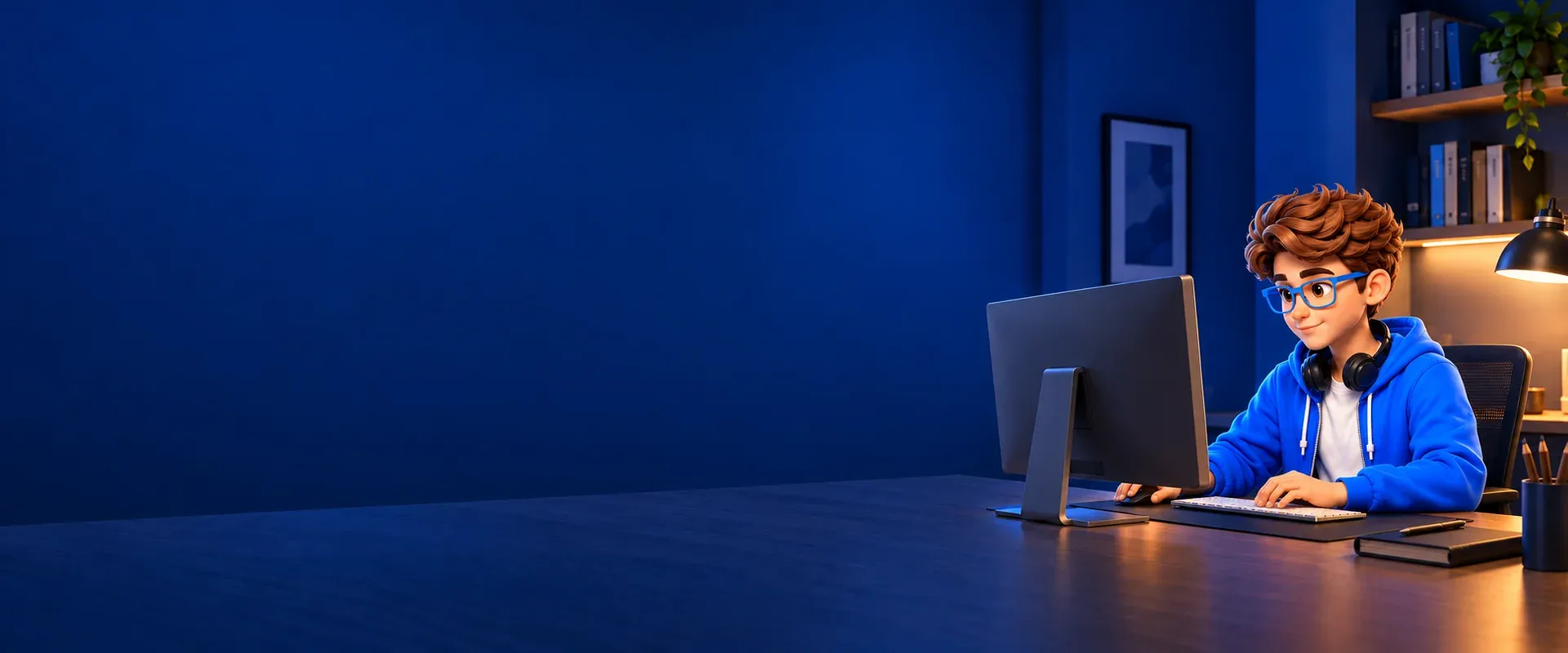 An RM Systems character in blue glasses working at a computer in an office, with the monitor facing him