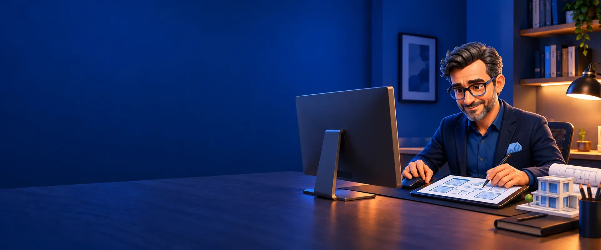 An architect in blue glasses planning a business website's structure on a tablet