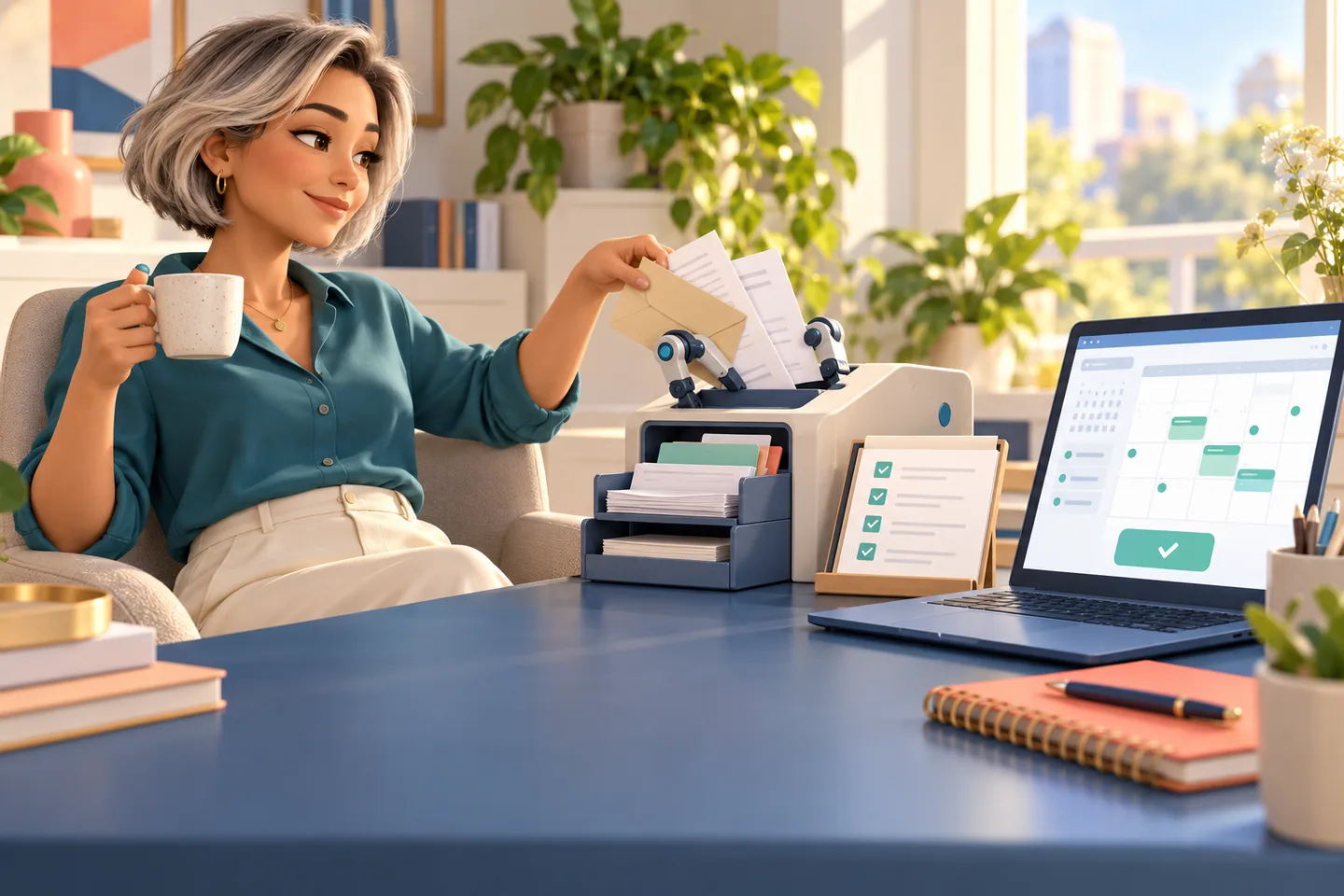 A business owner hands routine documents to an automated assistant and confirms the result