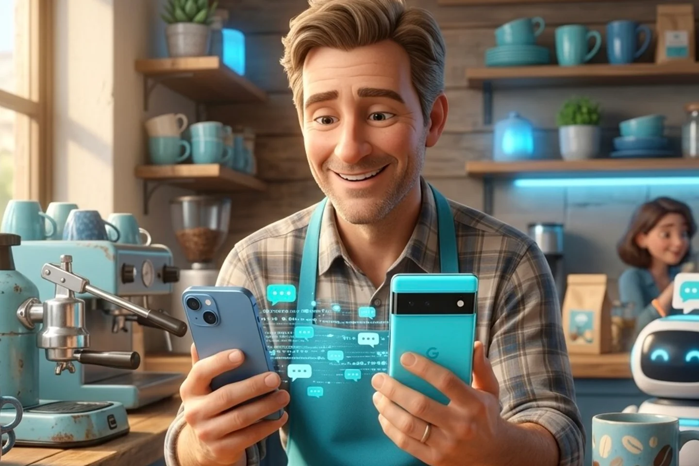 A coffee shop owner holding two smartphones watches the chat with his guests move to a new messenger