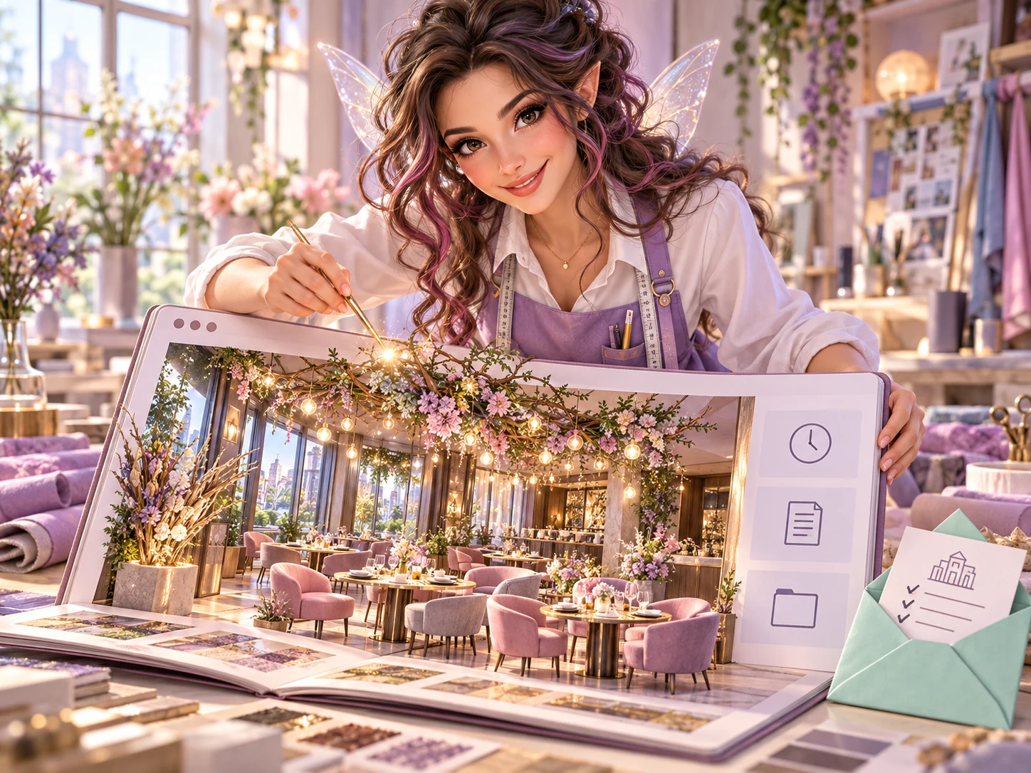 A decorator presents a restaurant portfolio with project timings and an estimate