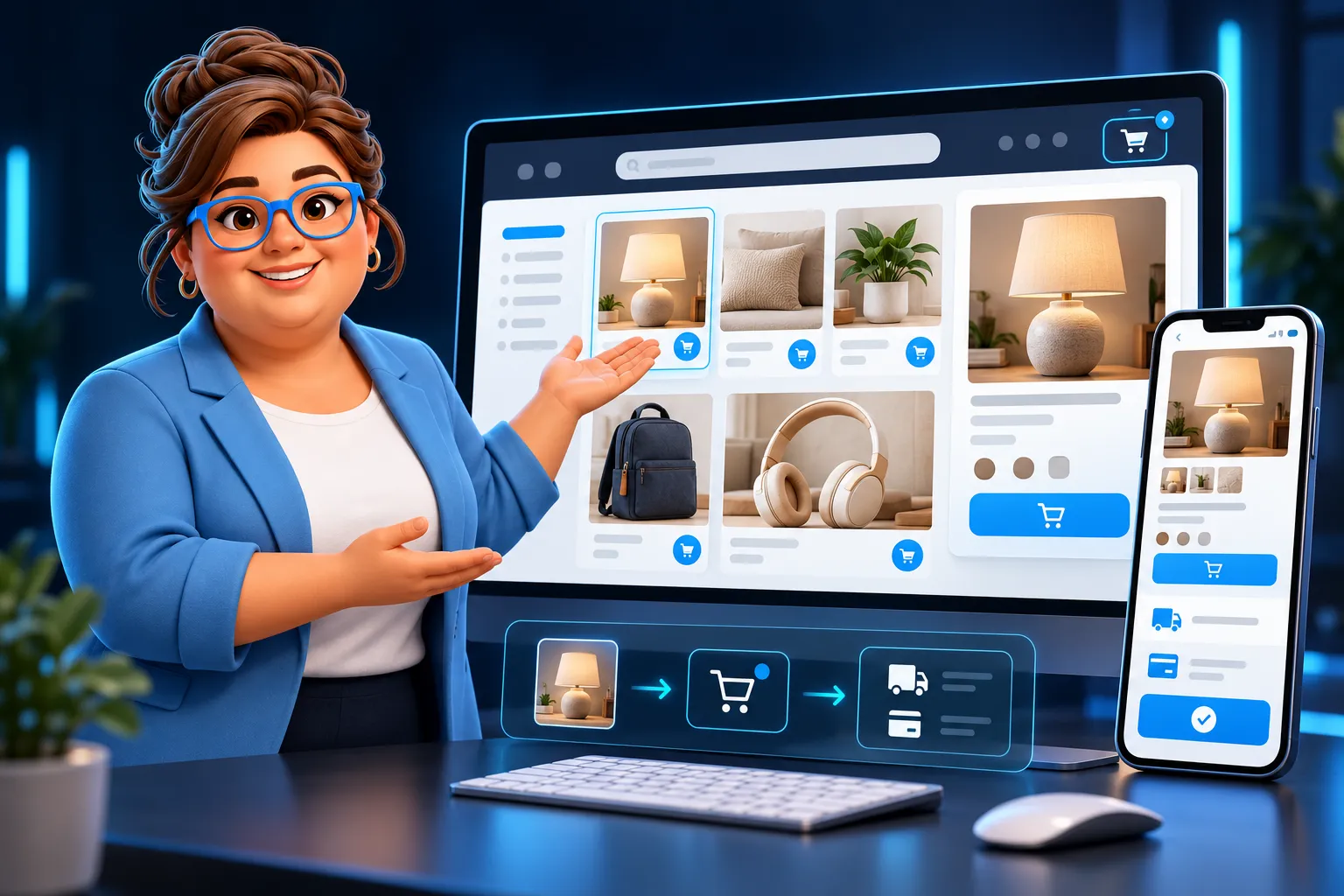 The RM Systems online store character presents products and the checkout process