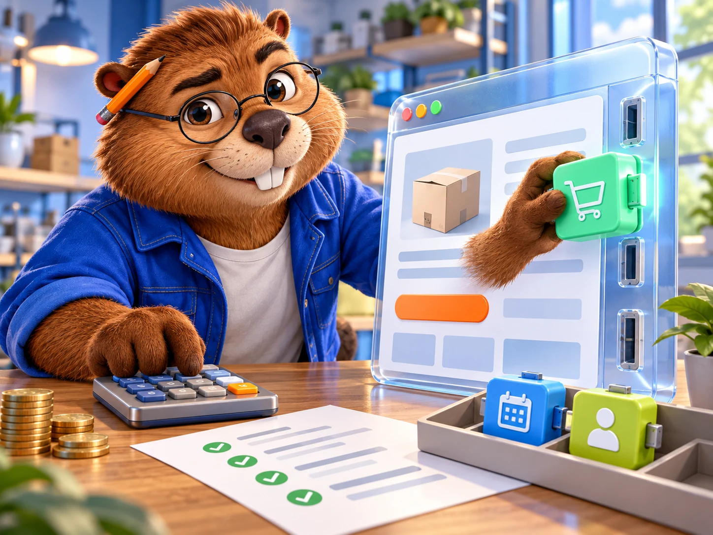 A beaver in glasses calculates a website budget and adds an online shopping module