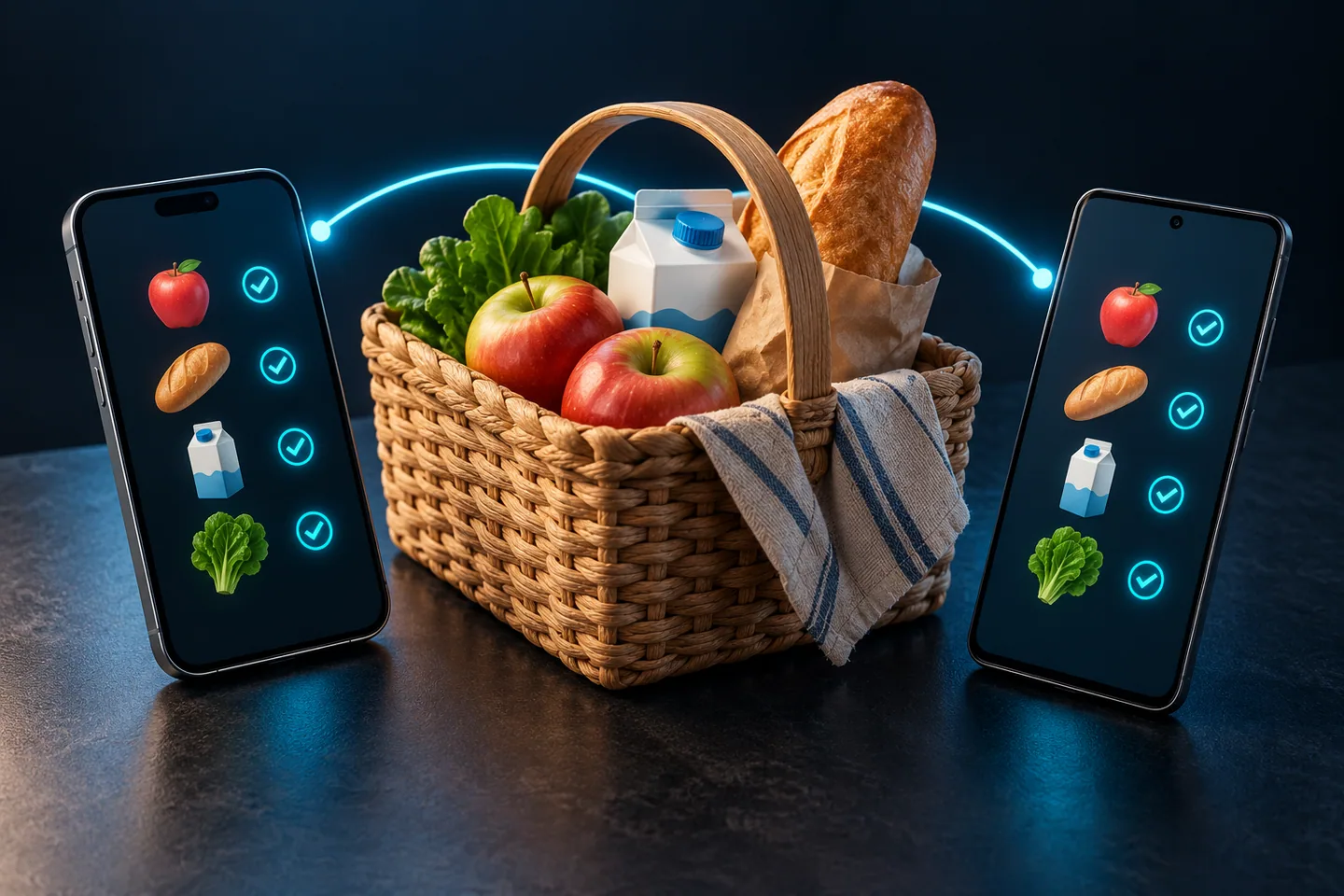 Grocery basket between two phones with a synchronized shopping checklist