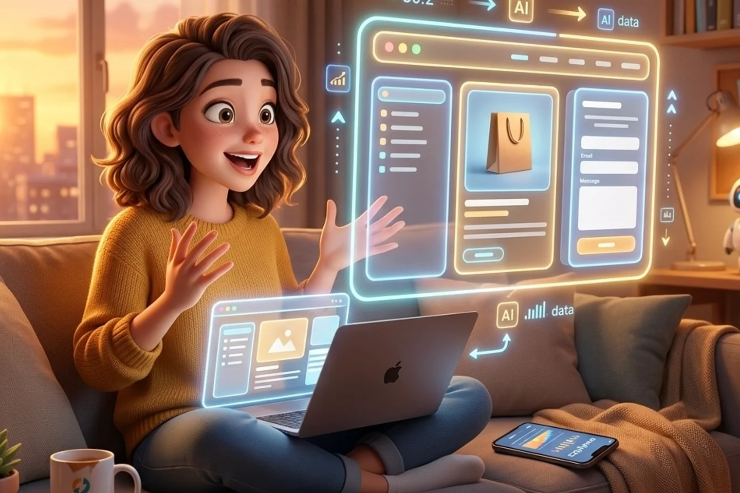 An entrepreneur on a sofa with a laptop is delighted by a mockup of her future website