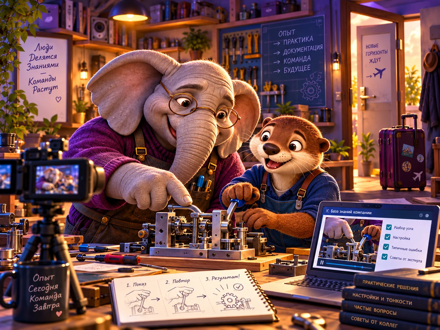 An experienced elephant teaches a young otter and records work techniques in a knowledge base