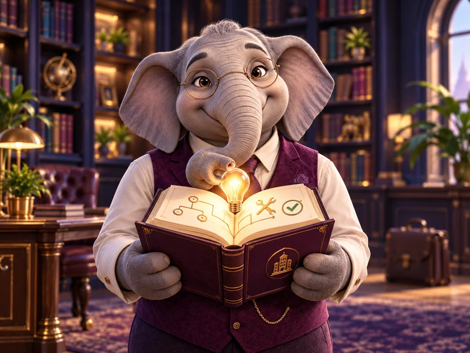 An elephant in glasses preserves company experience in a shared knowledge book